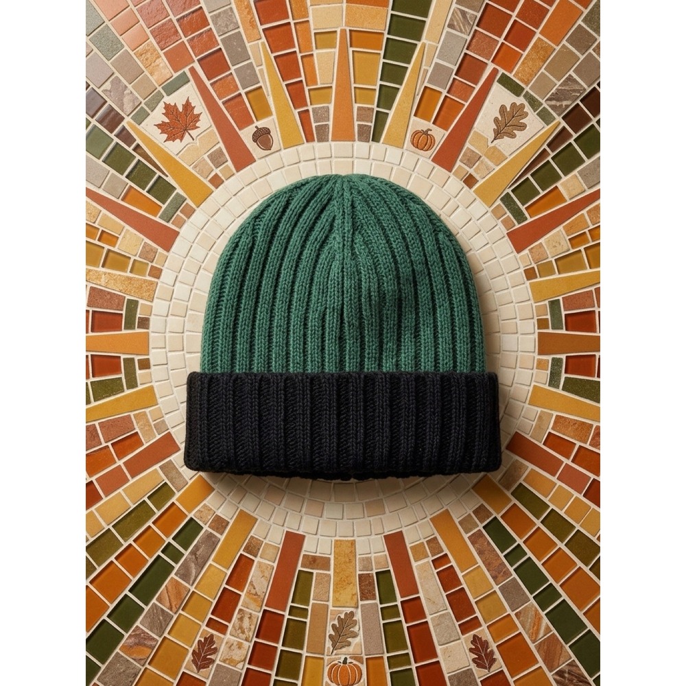Kids Beanie OS Green Black Ribbed Knit Baby Alpaca Wool {Gorpcore Aesthetic]